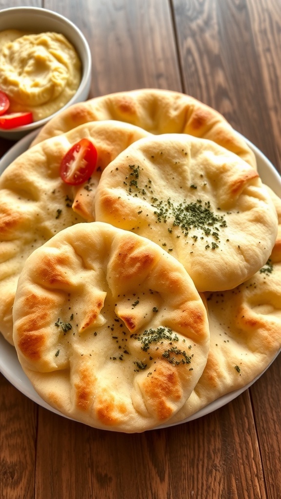 Freshly baked zaatar pita bread on a plate with hummus and vegetables.